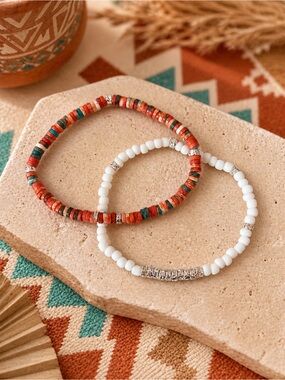 Southwestern Aztec Boho Bracelet Set | Terracotta Turquoise & White Silver 9”